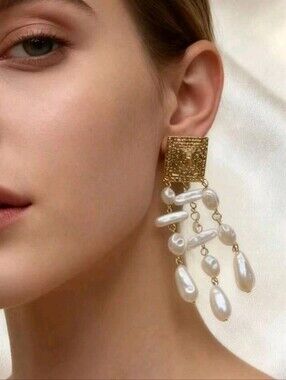 New! Baroque Pearl Chandelier Drop Earrings Gold Textured Square • #1055 NWOT